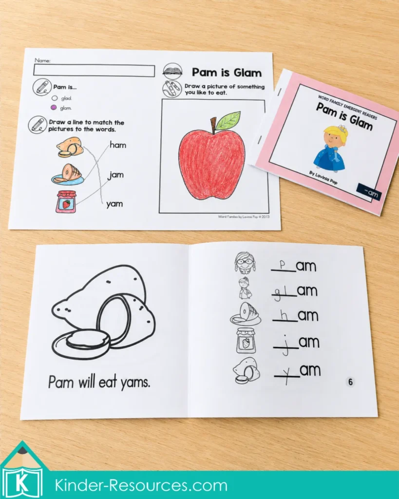 AM word family emergent reader and printable worksheet activities for kindergarten phonics, reading comprehension, handwriting, and homeschool literacy practice.