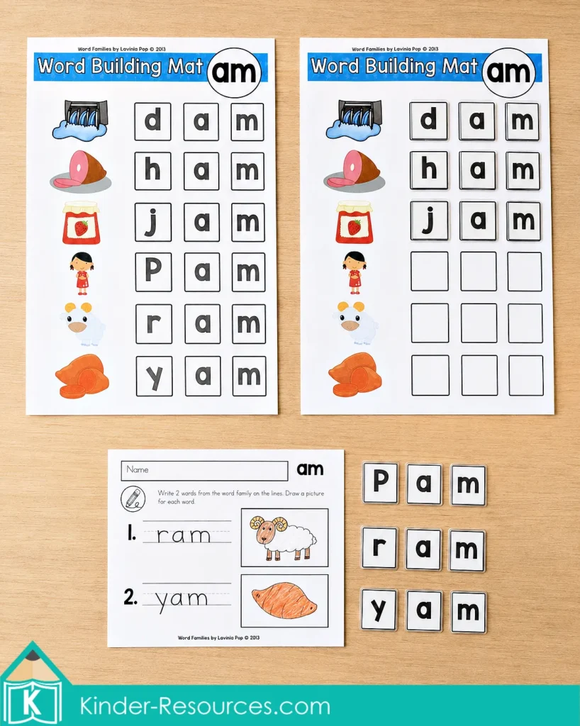 AM word family building mat for kindergarten phonics and homeschool literacy centers, with movable letter tiles and a recording worksheet for building dam, ham, jam, Pam, ram, and yam.