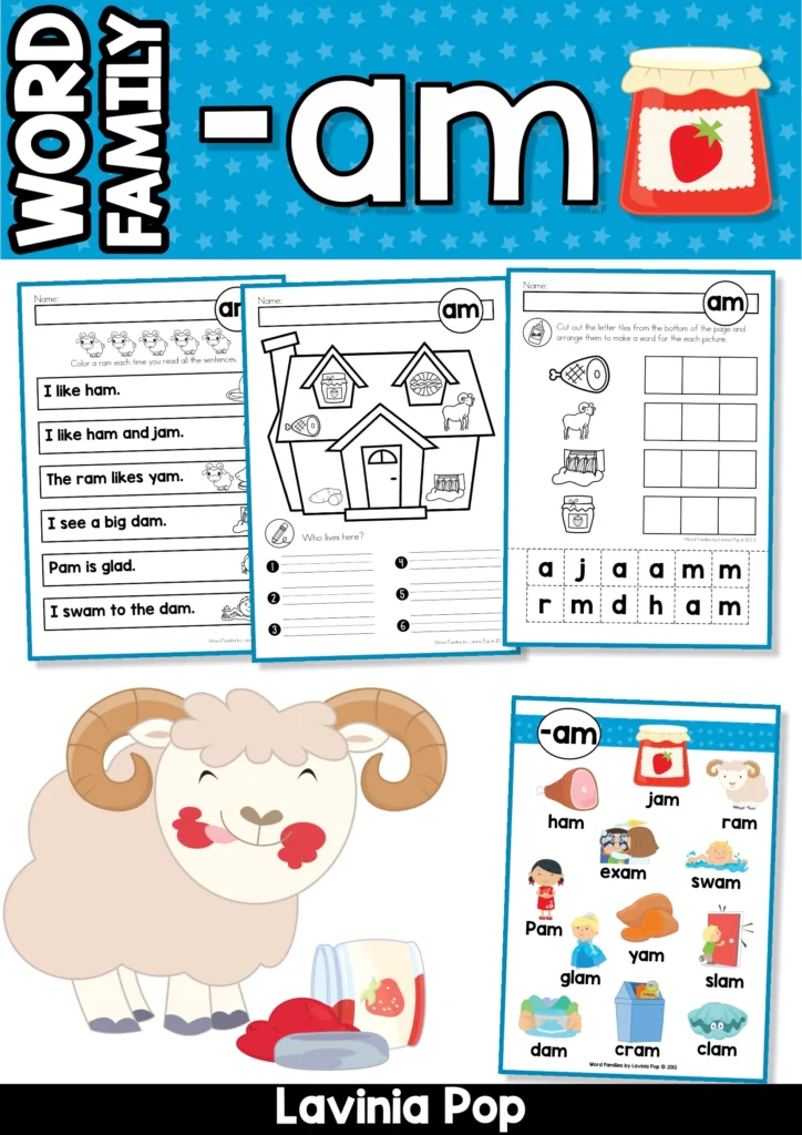 AM word family printable worksheets and activities for kindergarten phonics with CVC word practice, sentence reading, letter tiles, picture vocabulary, and an anchor chart.