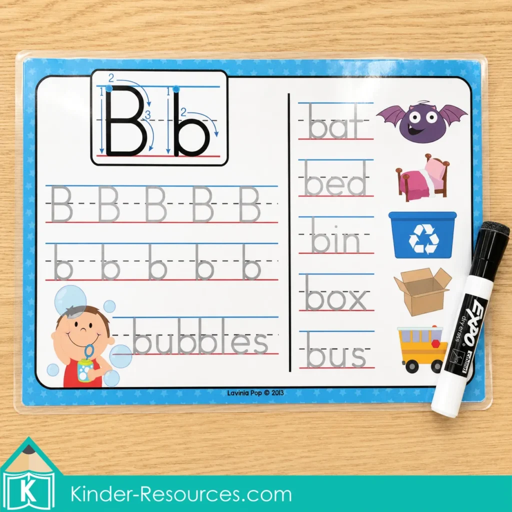Letter B write and wipe activity for kindergarten phonics, uppercase and lowercase letter formation, CVC word tracing, beginning sounds, handwriting, and fine motor practice.