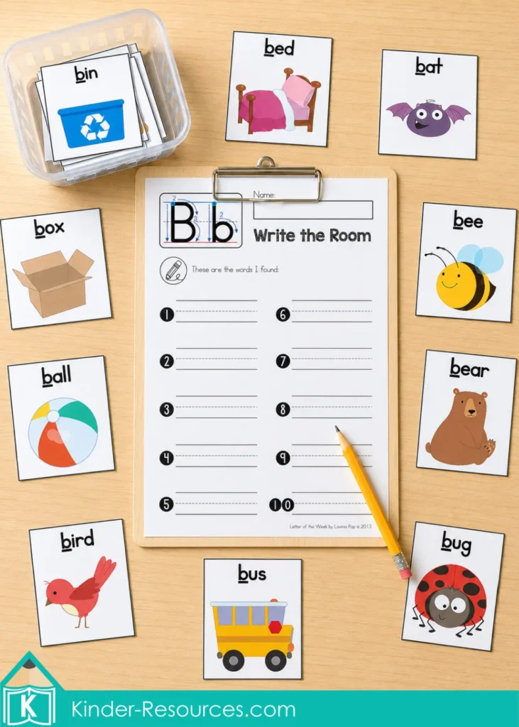 Letter B Write the Room phonics center with vocabulary cards, recording sheet on a wooden clipboard, and pencil arranged on an oak table.