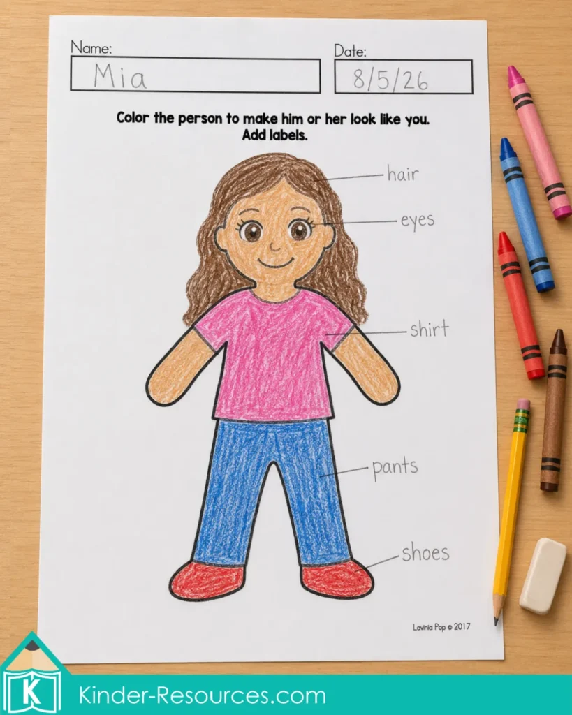 Completed draw and label activity from the August Writing Journal Prompts showing a colored person with labels for hair, eyes, shirt, pants, and shoes.