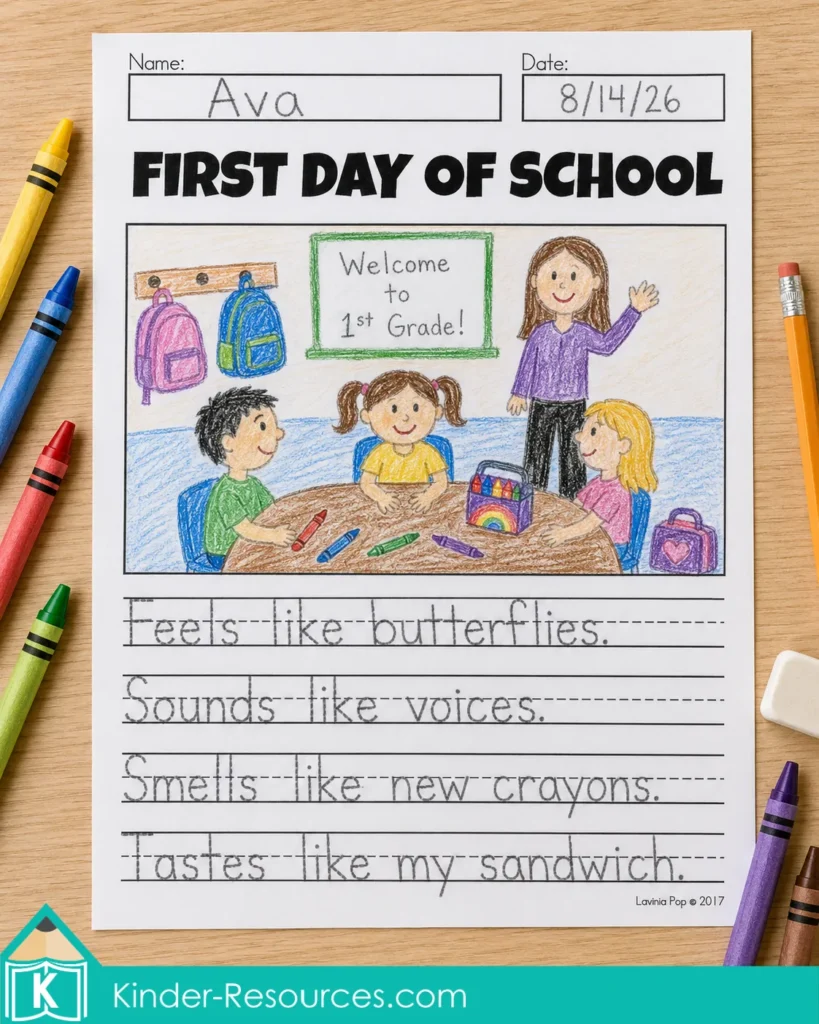 Completed First Day of School sensory poem from the August Writing Journal Prompts with a classroom drawing and responses about feelings, sounds, smells, and tastes.