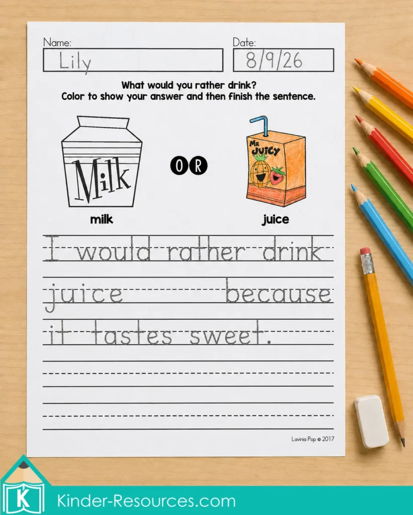 Completed opinion writing activity asking learners whether they would rather drink milk or juice and to explain their choice using because.