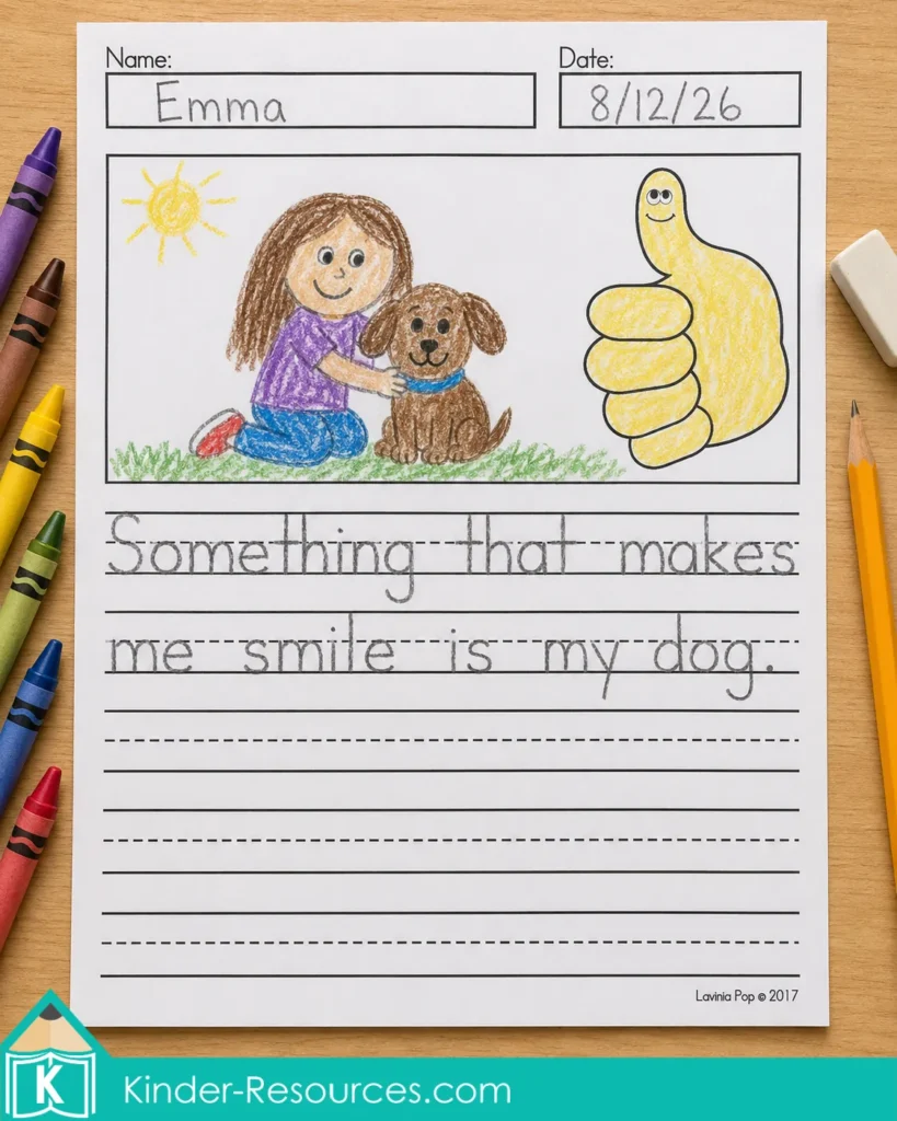 Completed August writing prompt showing a child hugging her dog with the sentence, Something that makes me smile is my dog.