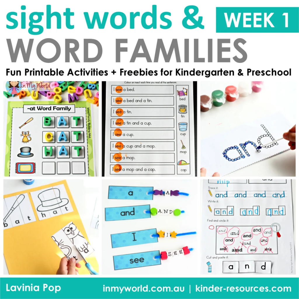 Sight Word and Word Family Activities Week 1 with free printables to help children build reading fluency using sight words and CVC words. Includes word building mats, cut-and-paste activities, and Q-tip painting. Download freebies on the blog.