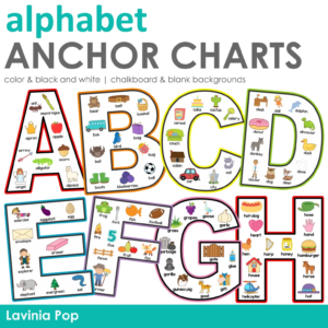 Alphabet Anchor Charts resource cover featuring colorful uppercase letters A through F with labeled beginning sound pictures and multiple printing options.