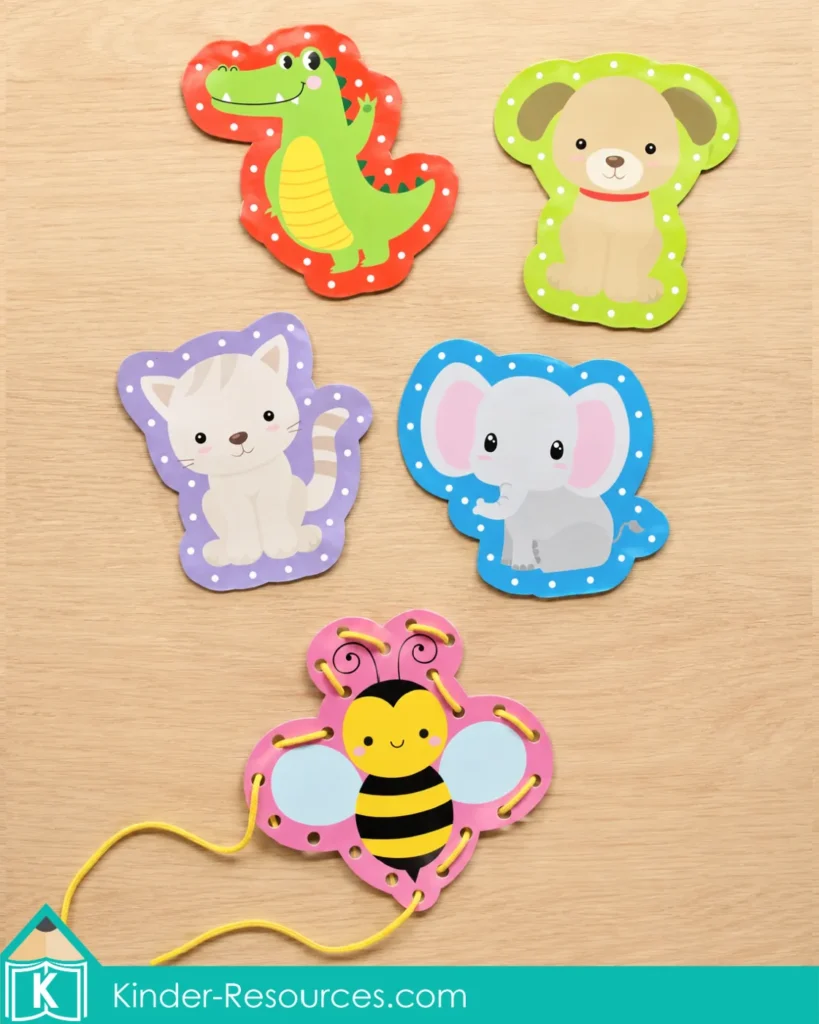 Lacing a colorful bee card with yellow cord beside alligator, dog, cat, and elephant lacing cards for fine motor practice.