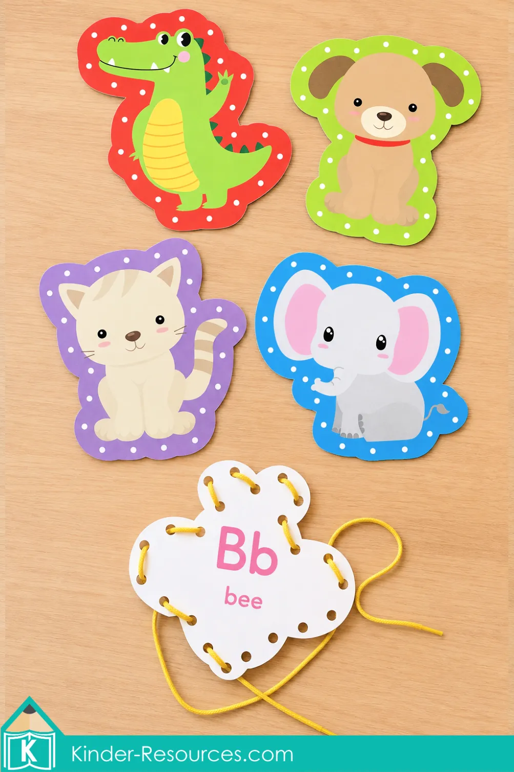 Using a letter B lacing card with yellow cord alongside colorful animal lacing cards for a kindergarten morning tub activity.