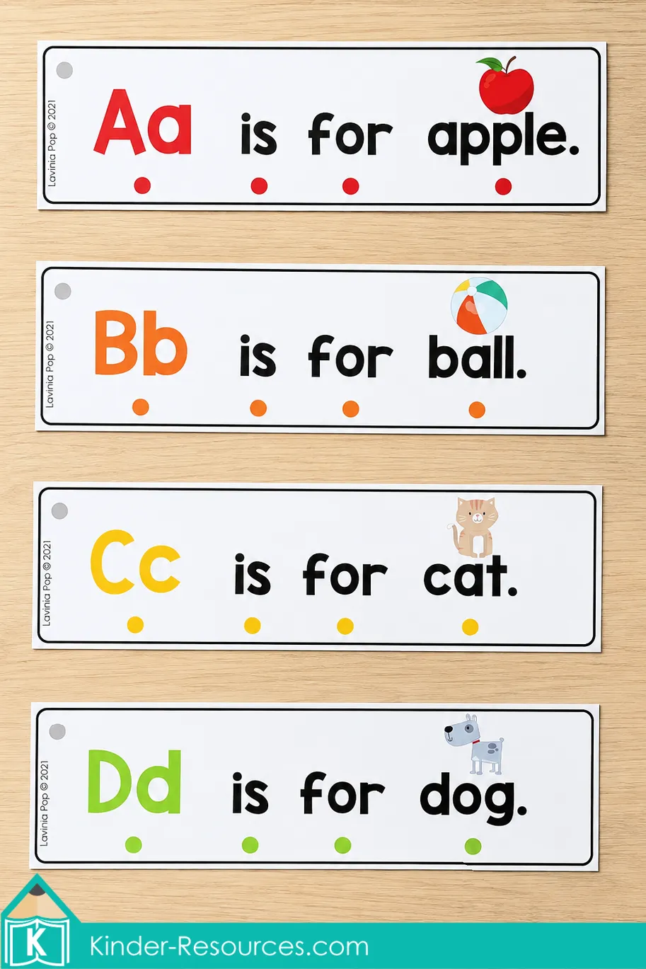 Reading printable alphabet fluency strips for A, B, C, and D during kindergarten morning bins.