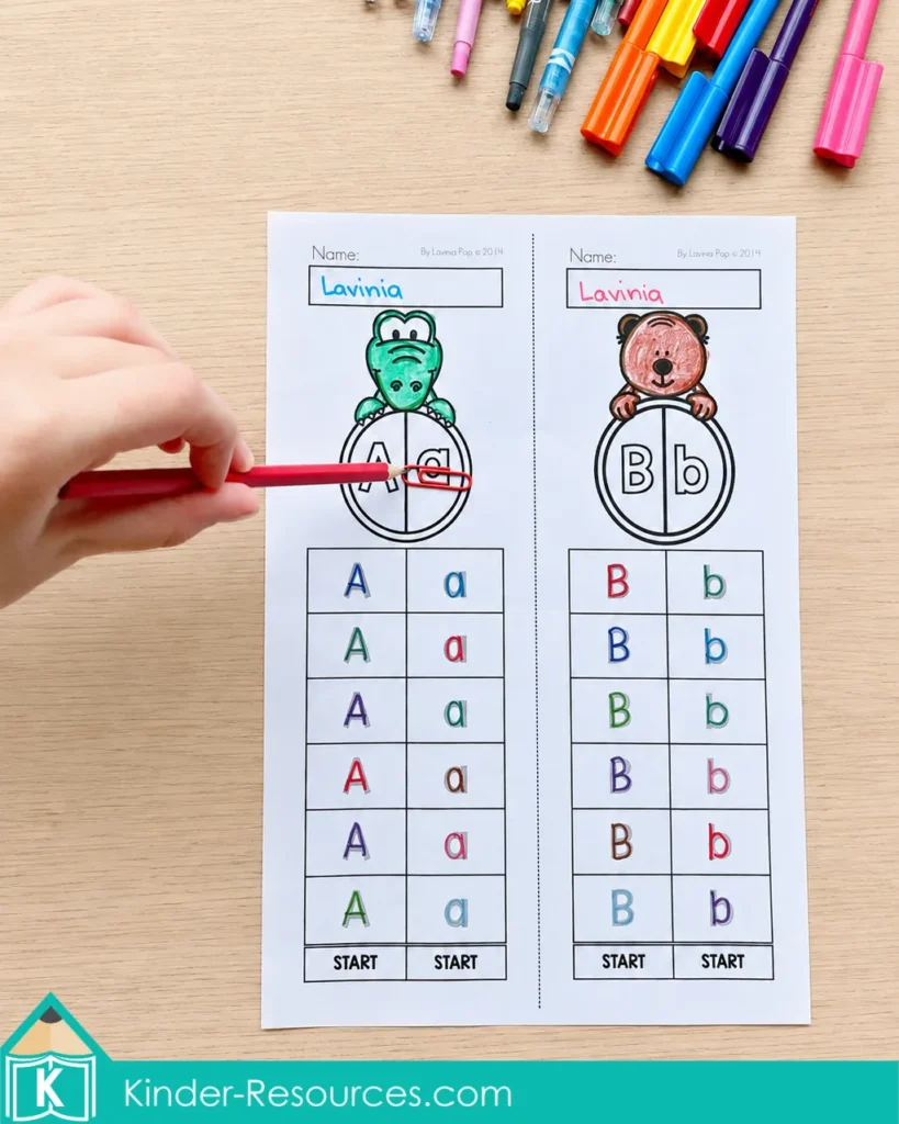 Back to School Kindergarten letter spinner activity matching uppercase and lowercase A and B using a paperclip and pencil.