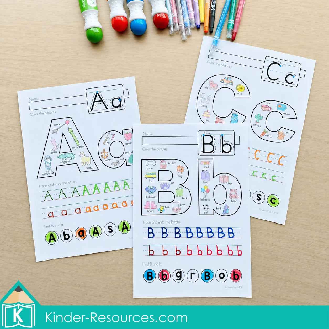 Back to School Kindergarten alphabet worksheets for A, B and C with picture vocabulary, tracing and letter-finding activities.