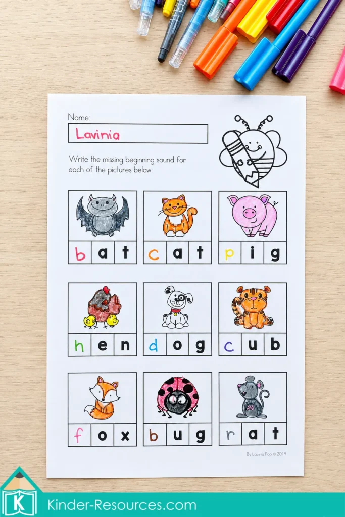 Back to School Kindergarten Beginning-sounds worksheet for writing the first letters in bat, cat, pig, hen, dog, cub, fox, bug and rat.