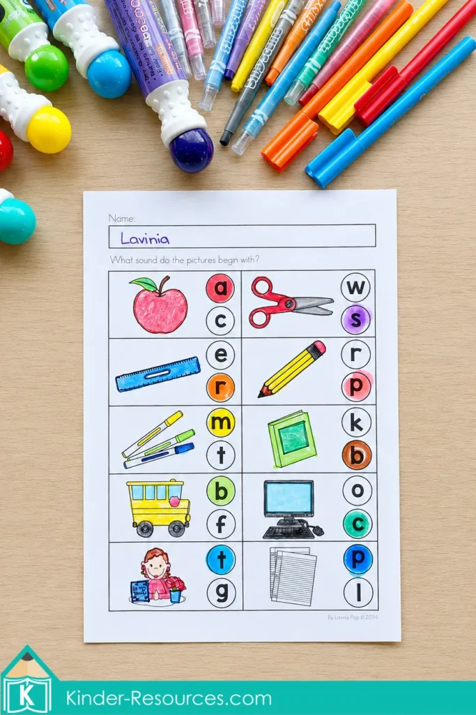 Back to School Kindergarten beginning-sounds worksheet with school-themed pictures and two letter choices for each image.
