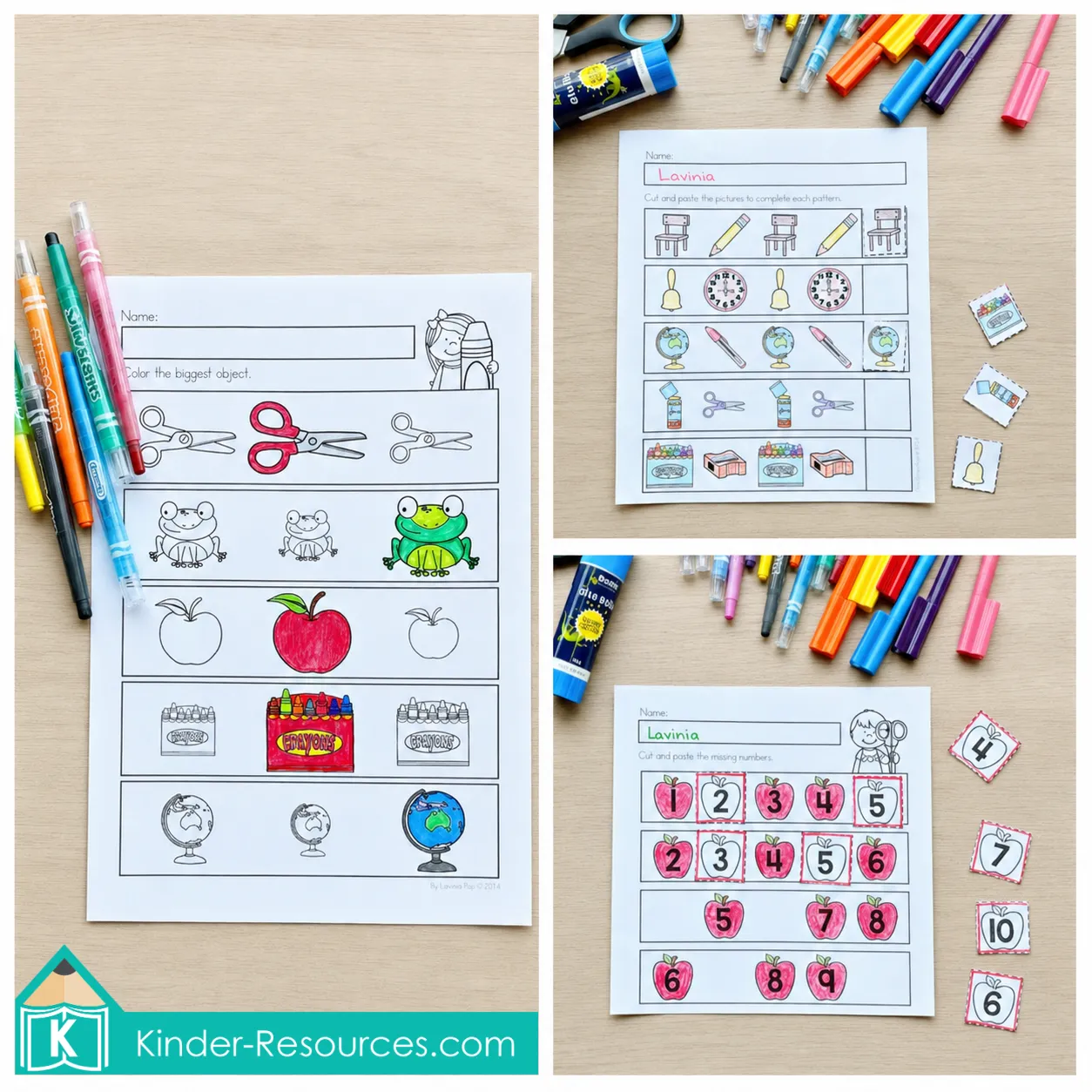 Back to School Kindergarten Collage featuring size comparison, school-supply patterns and missing-number apple sequences.
