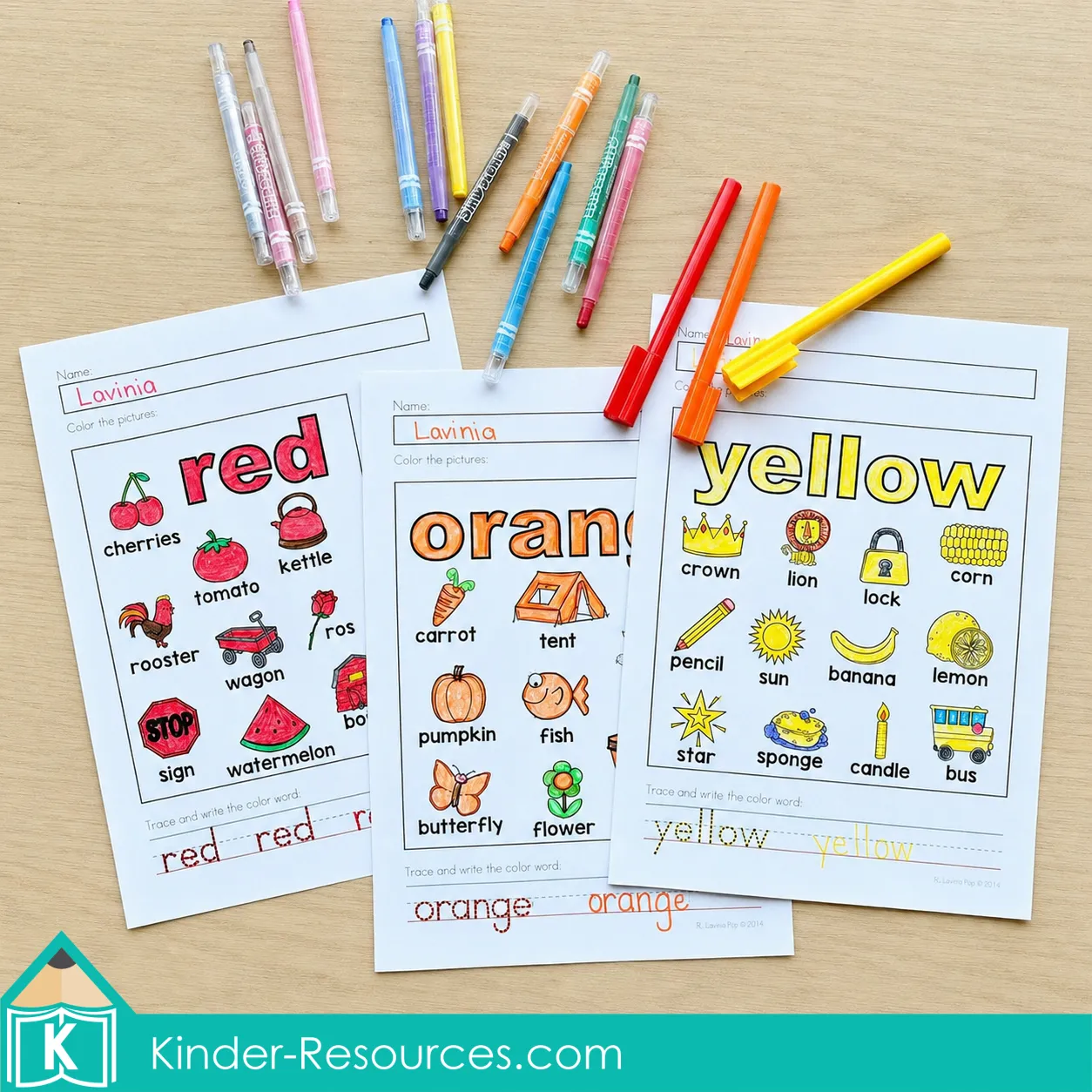 Back to School Kindergarten color worksheets for red, orange and yellow with picture vocabulary and color word tracing.
