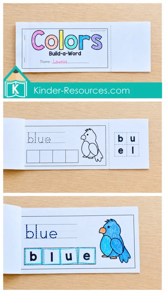 Back to School Kindergarten Colors Build-a-Word activity showing blue traced and assembled with letter tiles beside a colored blue bird.