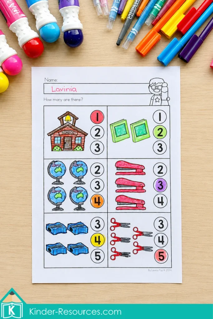 Back to School Kindergarten counting worksheet featuring school supplies and multiple-choice numbers from one to five.