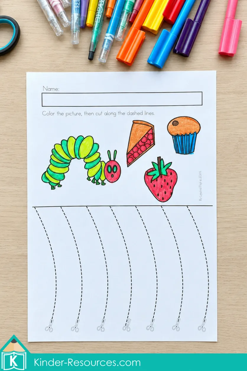 Back to School Kindergarten scissor skills worksheet with curved cutting lines and caterpillar and food pictures.