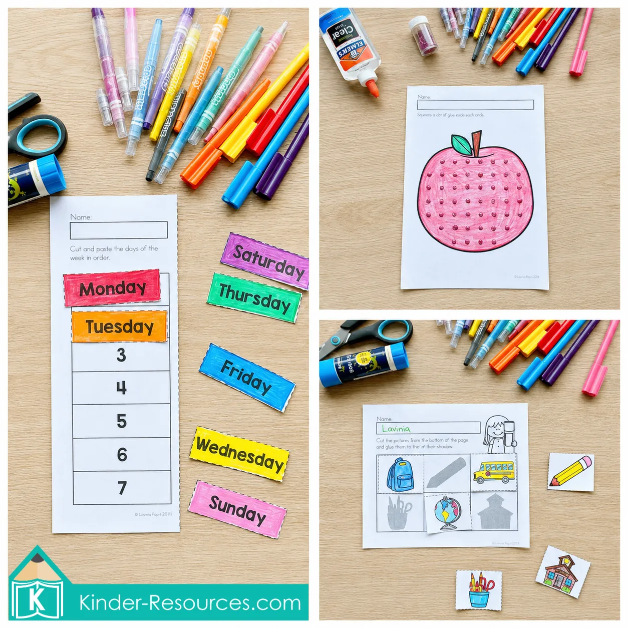 Back to School Kindergarten Activity collage with weekday sequencing, apple glitter-glue practice and school-supply shadow matching.