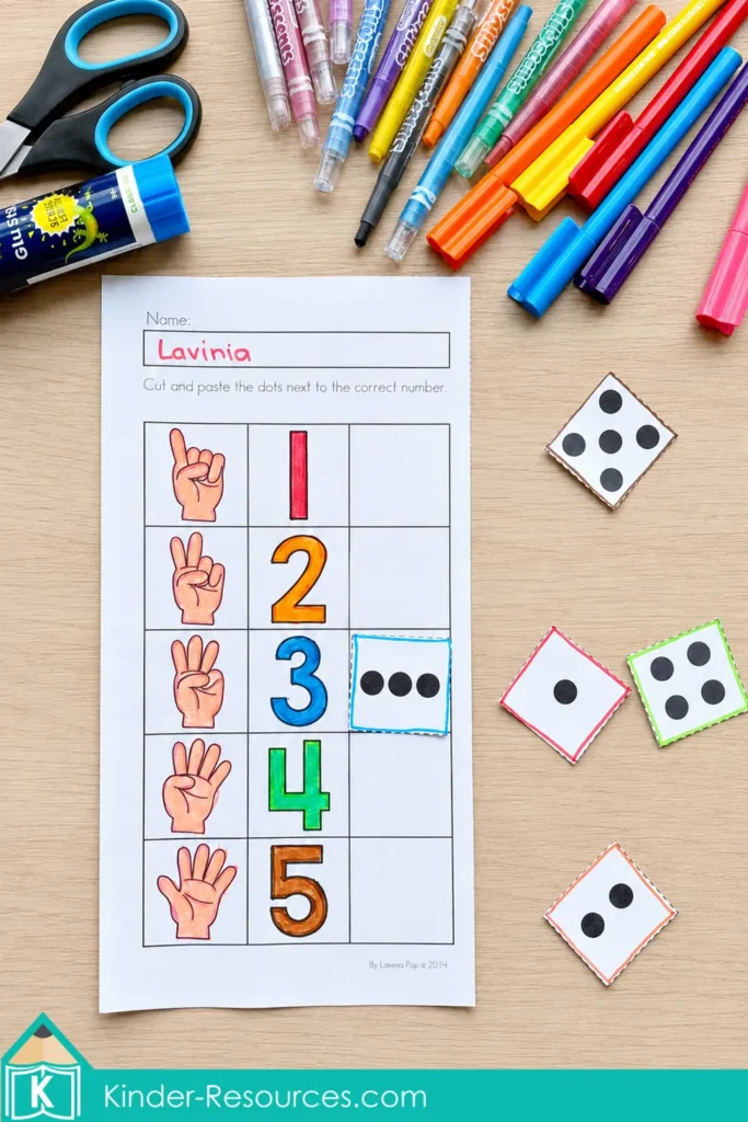 Back to School Kindergarten matching worksheet with finger quantities, numerals one to five and cut-and-paste dot cards.