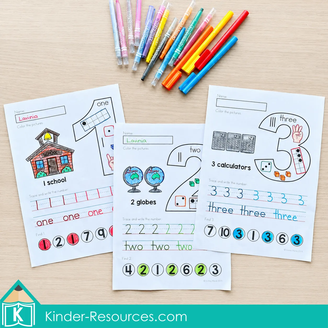 Back to School Kindergarten number worksheets for one, two and three with counting pictures, tracing and number recognition.