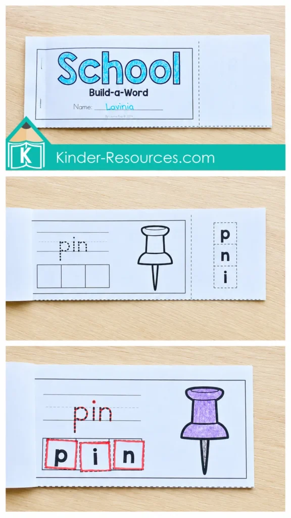 Back to School Kindergarten School Build-a-Word activity showing the CVC word pin before and after arranging letter tiles.