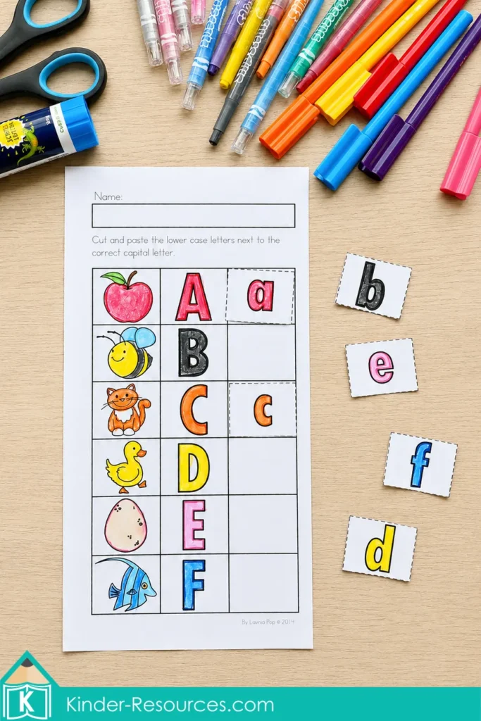 Back to School Kindergarten uppercase and lowercase letter-matching worksheet with cut-and-paste cards for letters A to F.