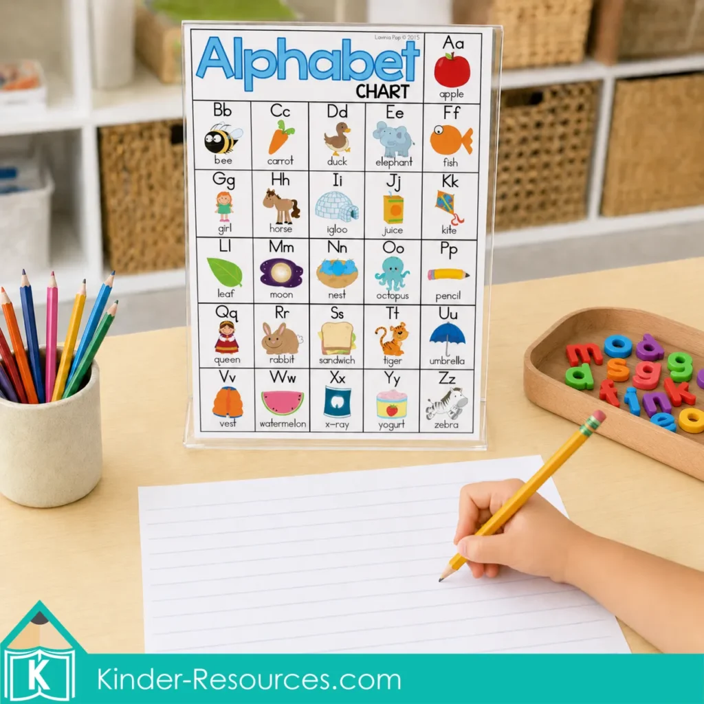 Child using a free alphabet chart with labelled picture words as a reference during an independent kindergarten writing activity.