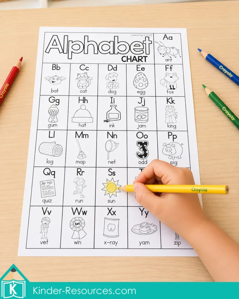 Child coloring the sun on a black and white free alphabet chart printable with Crayola colored pencils for kindergarten phonics practice.