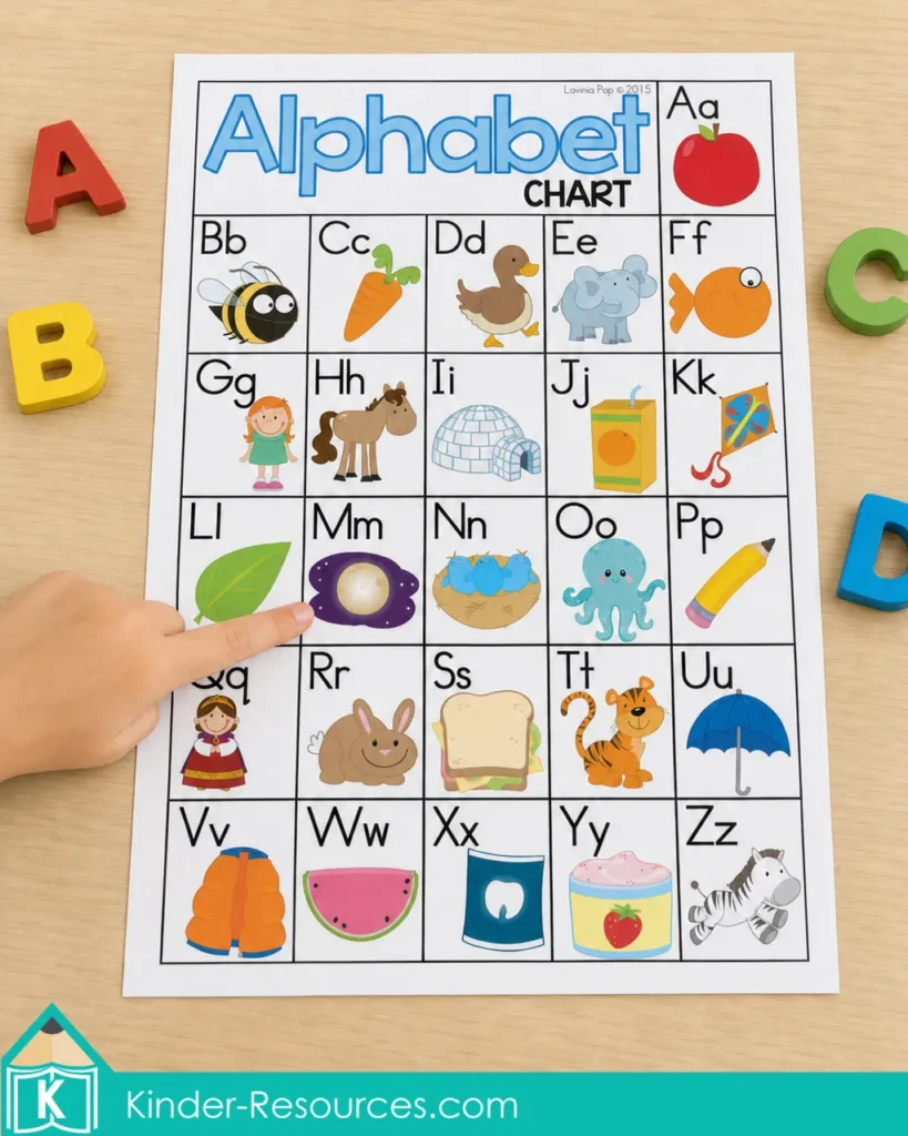 Preschool child pointing to the letter M on a free alphabet chart printable with picture cues for kindergarten phonics and letter sound practice.