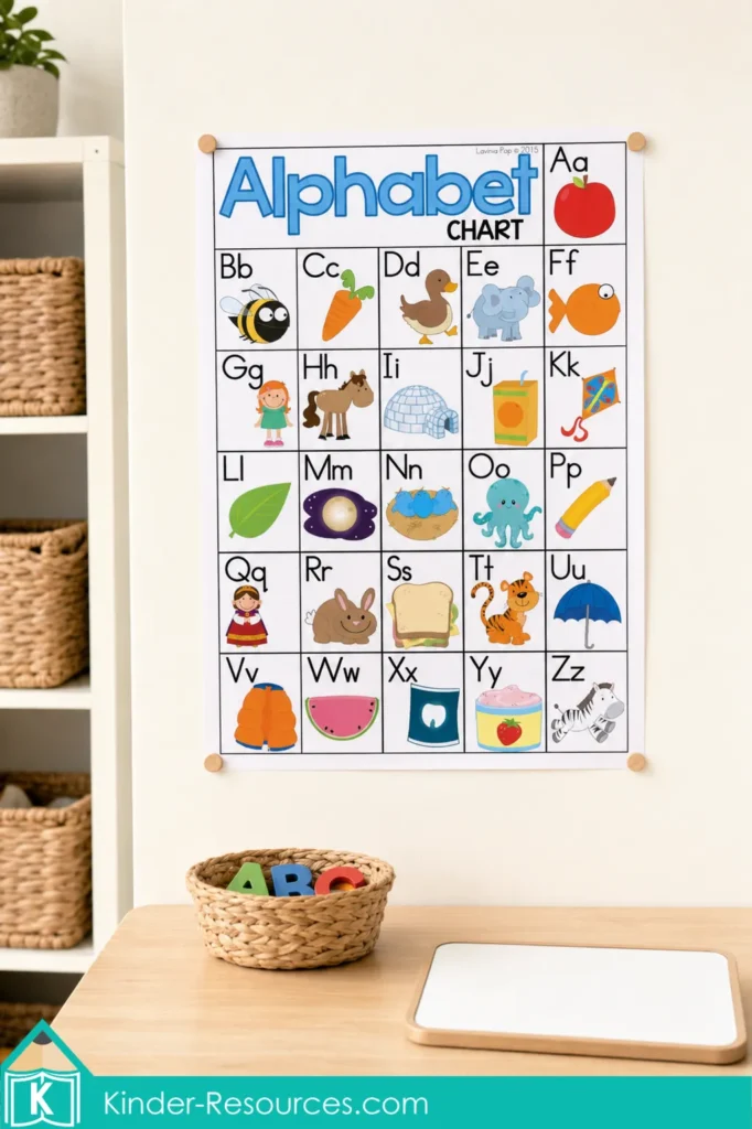 Free alphabet poster anchor chart printable displayed at child height above a preschool literacy table with wooden letters and a small whiteboard.