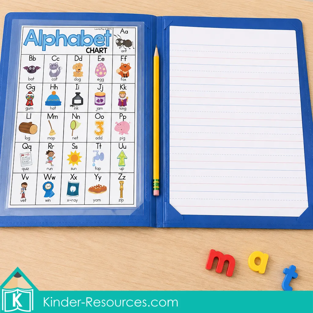 Free alphabet chart printable with decodable picture words displayed inside a kindergarten writing folder with lined handwriting paper and magnetic letters.