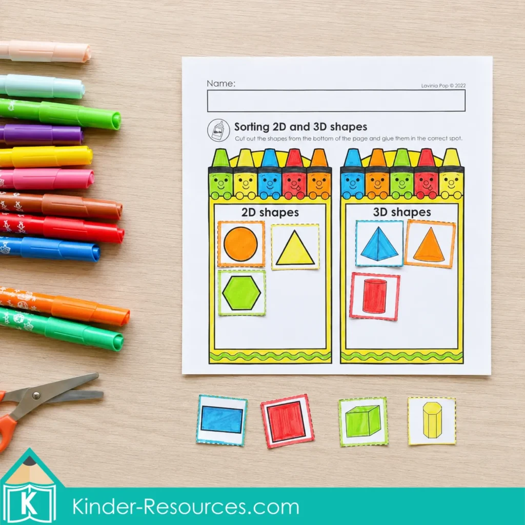 Sorting picture cards into 2D and 3D shape groups on a first grade cut-and-paste worksheet.