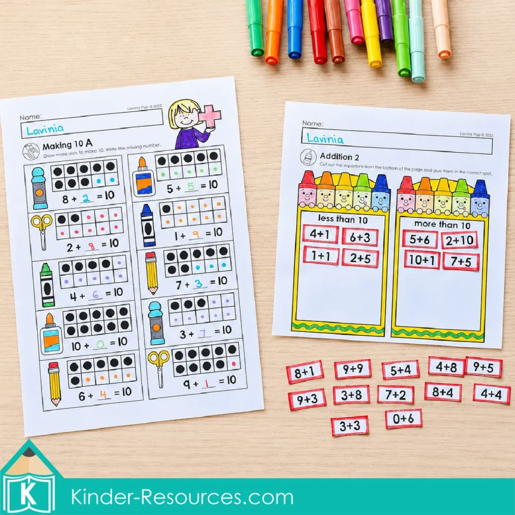 Completing equations to make 10 and sorting addition problems by sums less than or greater than 10.