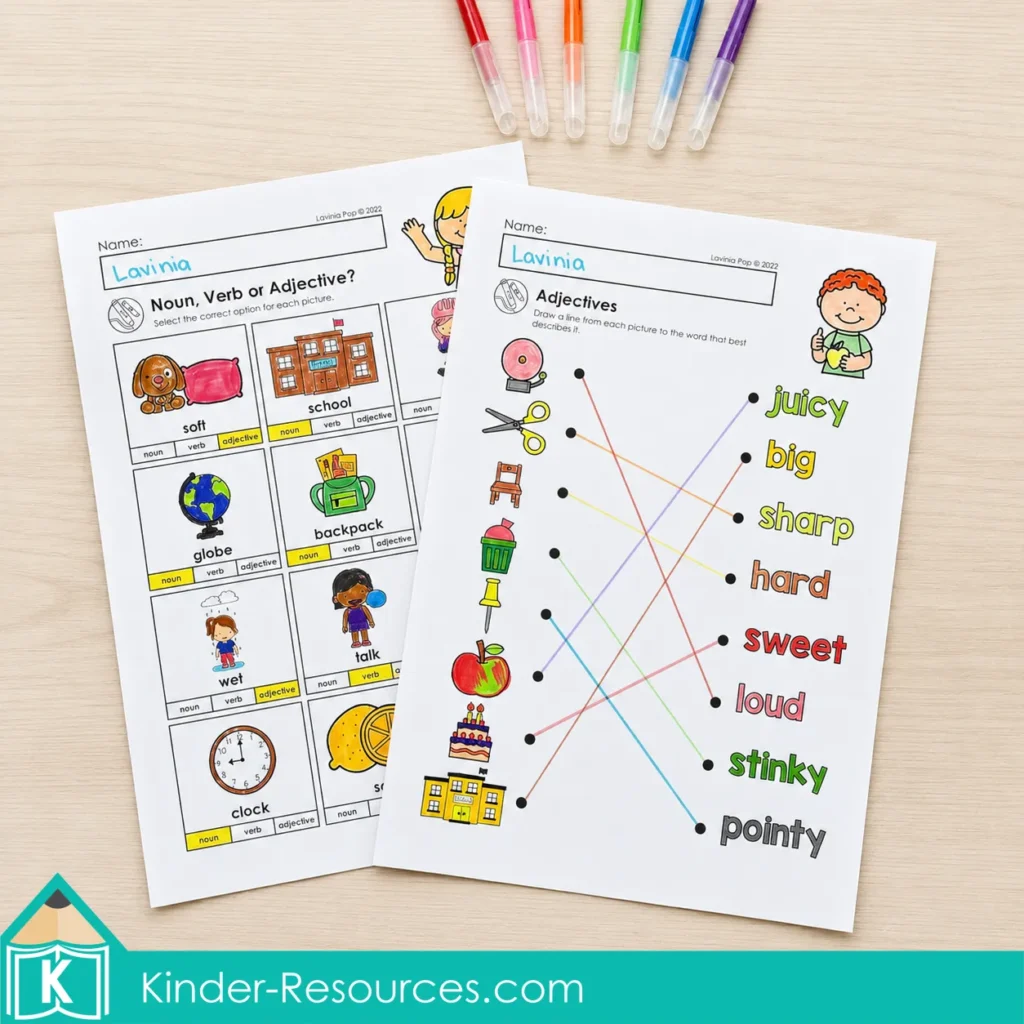 Identifying nouns, verbs and adjectives and matching pictures with describing words on first grade grammar worksheets.