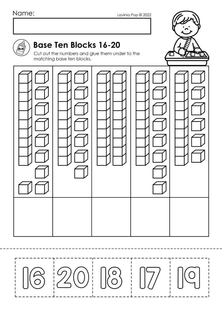 Counting base ten blocks and matching them to numbers 16 through 20 on a first grade place value worksheet.