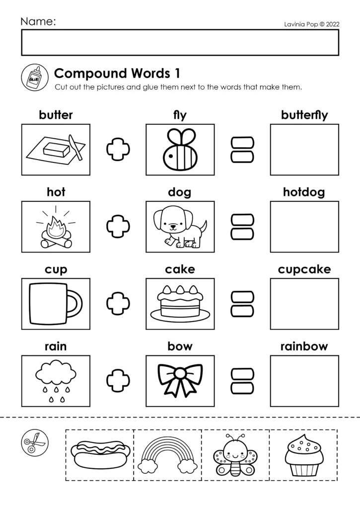 Combining picture words and matching them to the correct compound words on a first grade cut and paste worksheet.