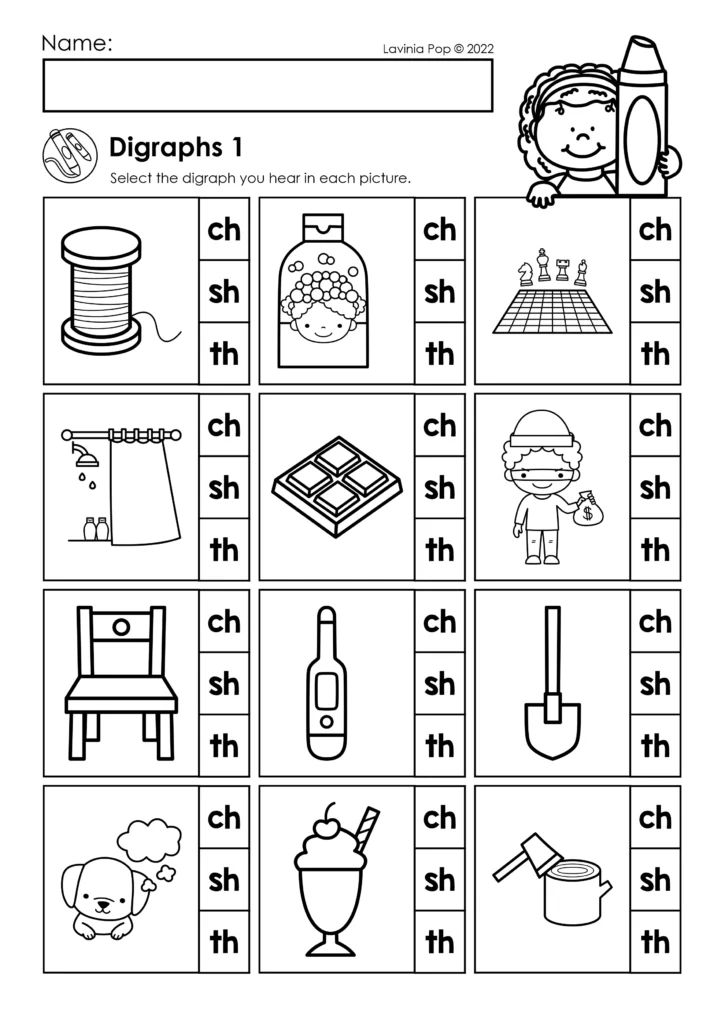 Identifying the CH, SH or TH digraph heard in each picture word on a first grade phonics worksheet.