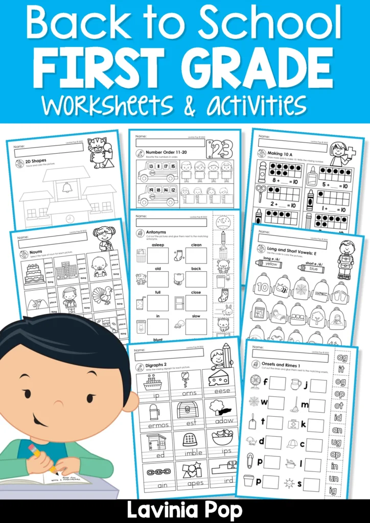First Grade Back to School Worksheets cover showing sample phonics, grammar, number order, addition and vowel activities.