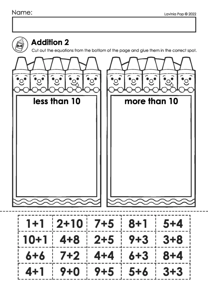 Sorting addition equations as less than 10 or more than 10 using a first grade cut-and-paste worksheet.