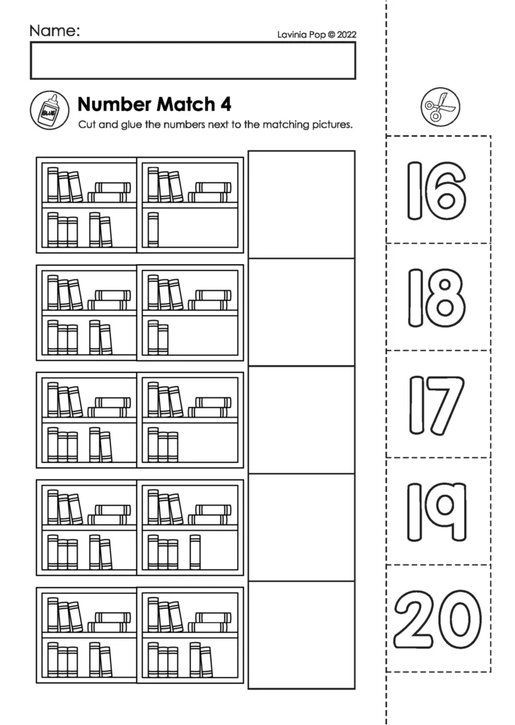 Counting books and matching quantities to numbers 16 through 20 on a first grade cut and paste math worksheet.