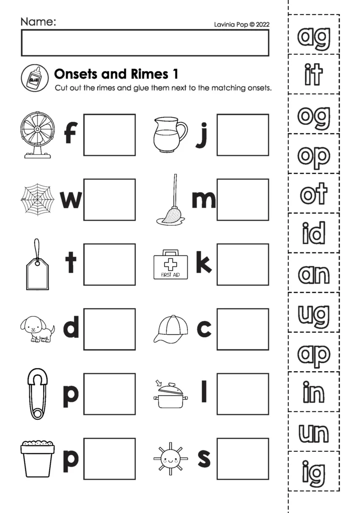 Matching rimes to beginning onsets to build short vowel words on a first grade phonics worksheet.