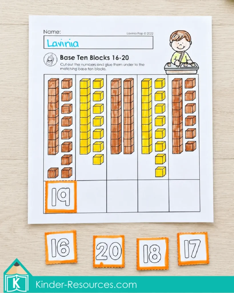 Counting base ten blocks and matching numbers from 16 to 20 on a first grade place value worksheet.