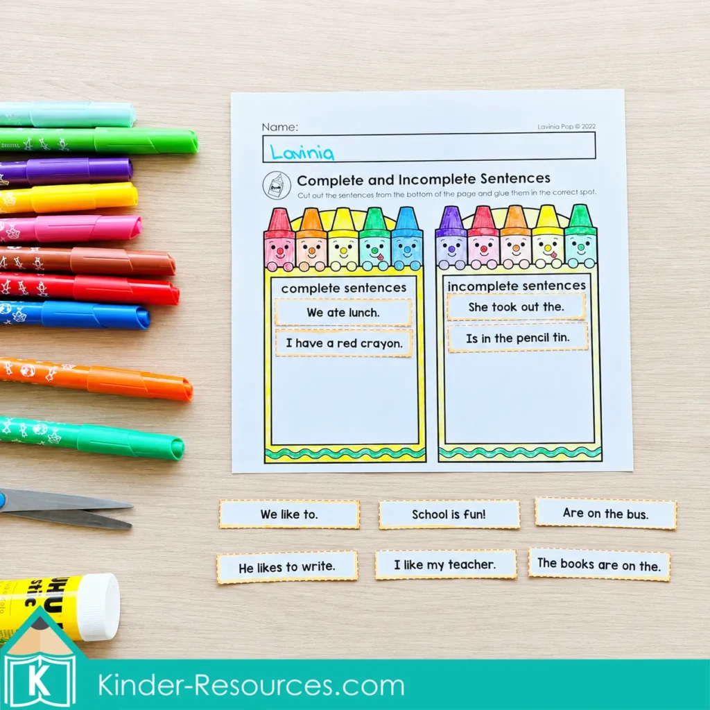 Sorting sentence strips into complete and incomplete sentences on a first grade grammar worksheet.