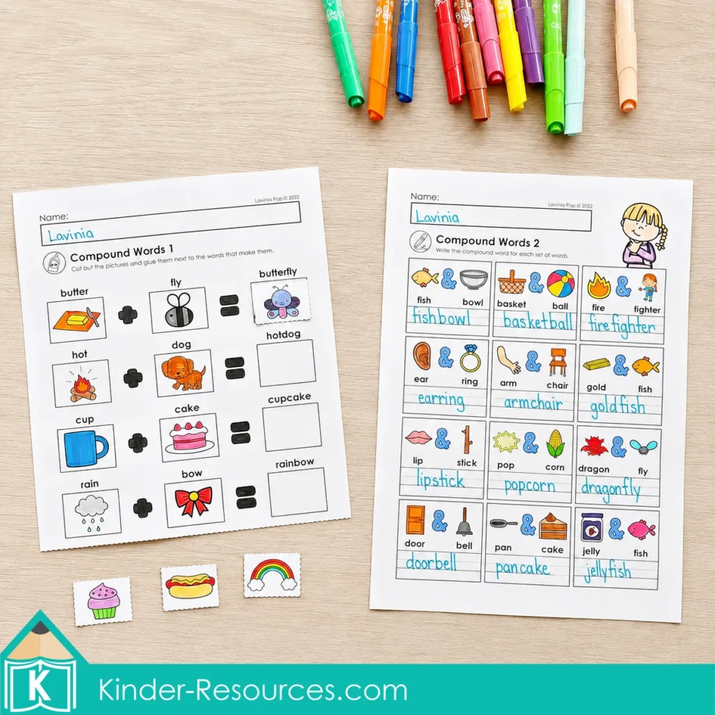 Combining picture words and writing compound words on first grade cut-and-paste and handwriting worksheets.
