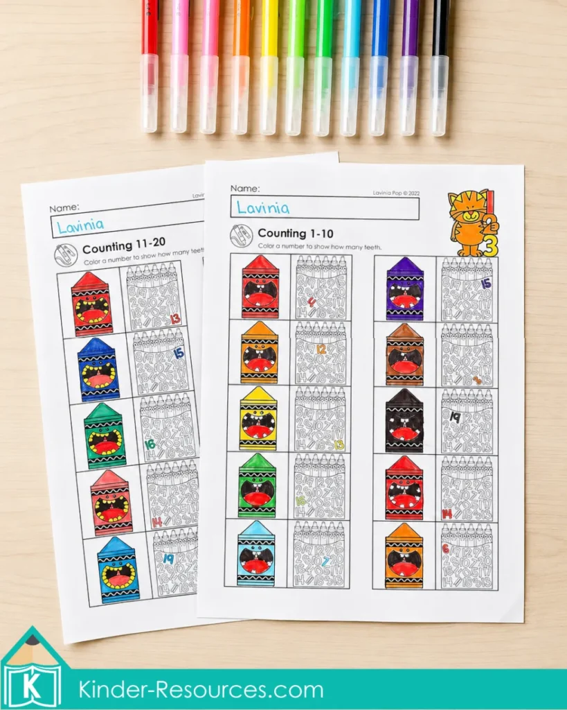 Counting teeth and coloring the matching numbers from 1 to 20 on first grade math worksheets.