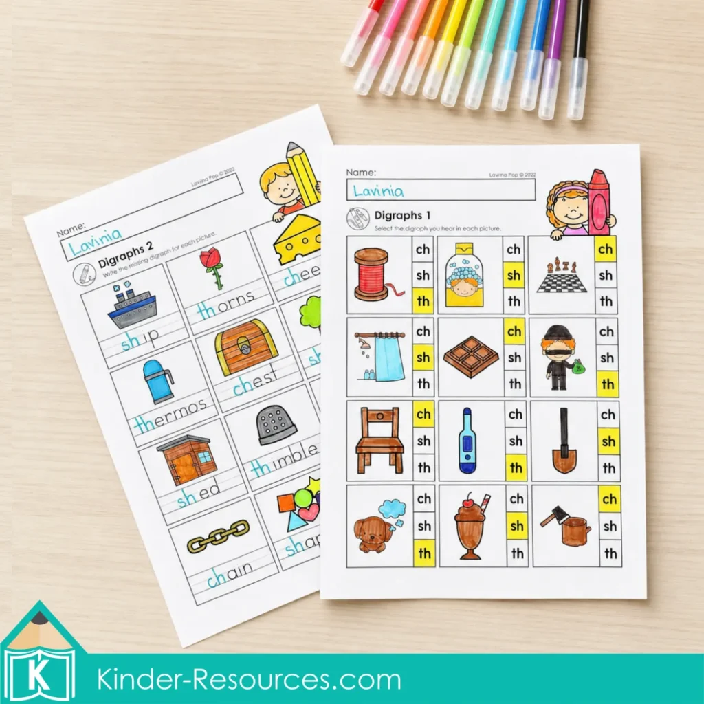 Selecting and writing CH, SH and TH digraphs for picture words on first grade phonics worksheets.