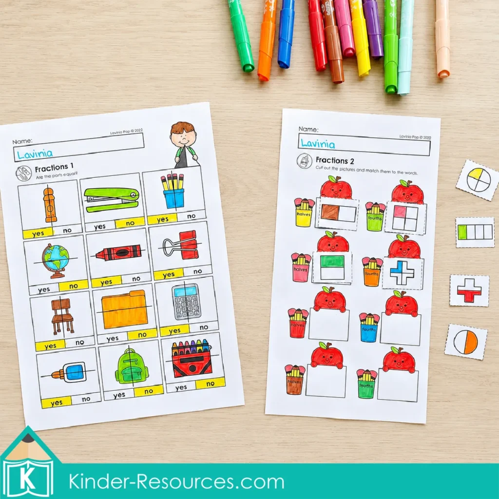 Identifying equal parts and matching pictures of halves and fourths on first grade fractions worksheets.
