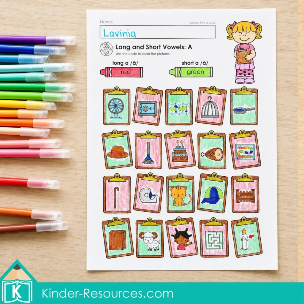 Coloring pictures by code to distinguish long and short A vowel sounds on a first grade phonics worksheet.